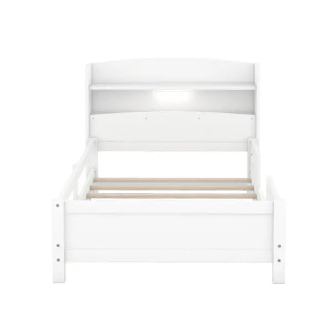 Wood Twin Size Platform Bed With Built-in LED Light, Storage Headboard And Guardrail, White My Store
