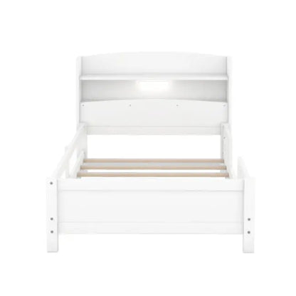 Wood Twin Size Platform Bed With Built-in LED Light, Storage Headboard And Guardrail, White My Store