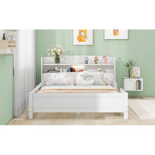Wood Full Size Platform Bed With Built-in LED Light, Storage Headboard And Guardrail, White My Store