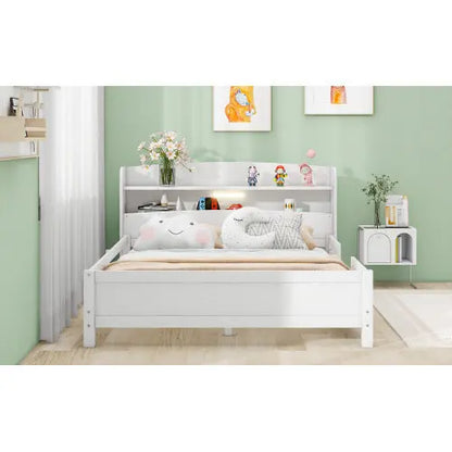 Wood Full Size Platform Bed With Built-in LED Light, Storage Headboard And Guardrail, White My Store