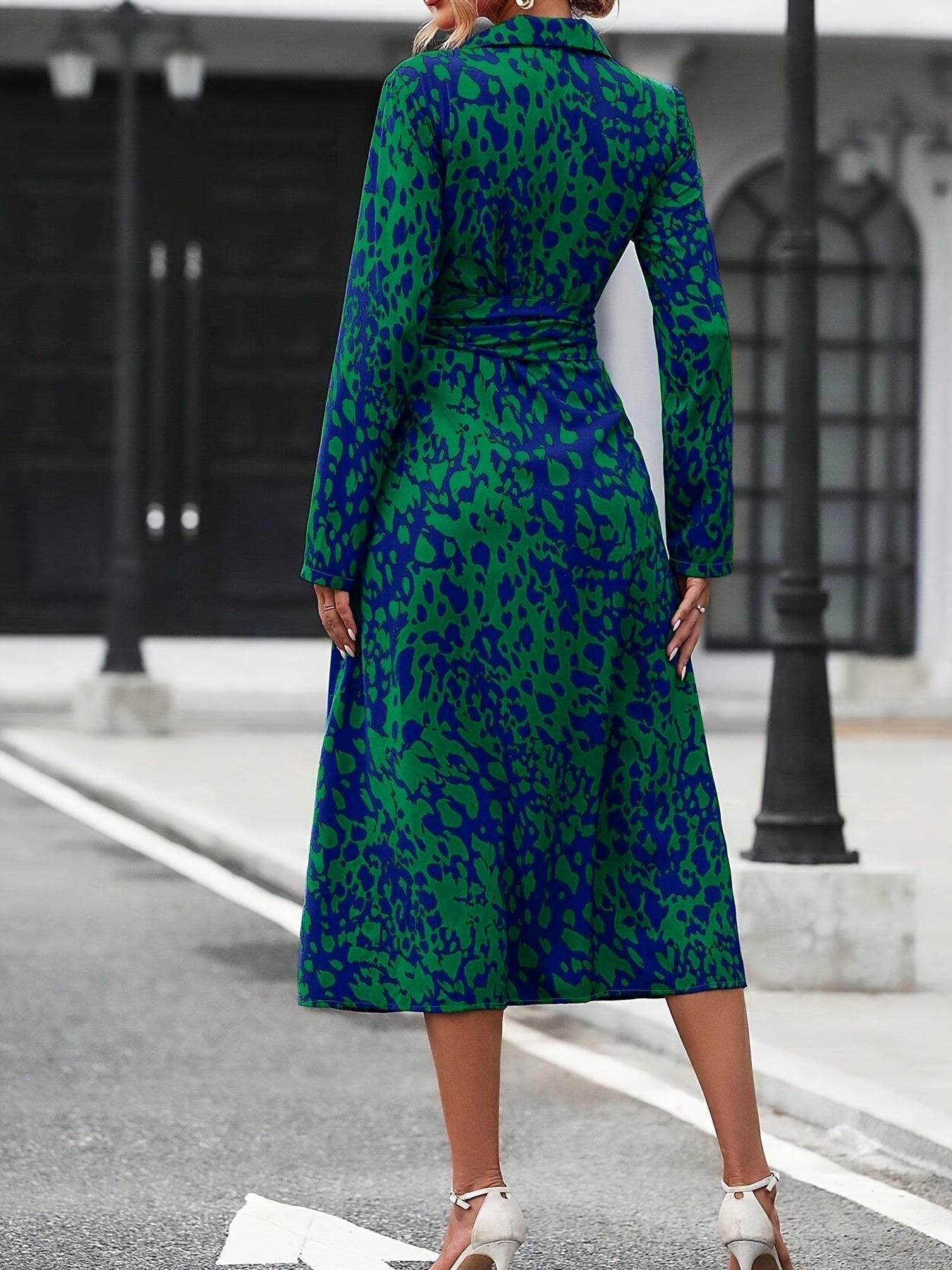 Women's Long-Sleeved All-Over Leopard Print Belted Shirt Dress - Casual Maxi Dress Inkedjoy