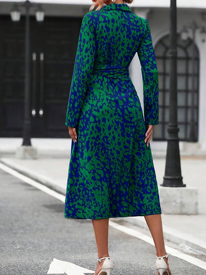 Women's Long-Sleeved All-Over Leopard Print Belted Shirt Dress - Casual Maxi Dress Inkedjoy