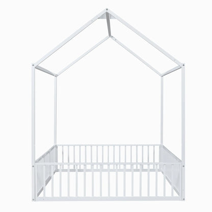 Full Size Metal House Bed With Fence And Door, White My Store