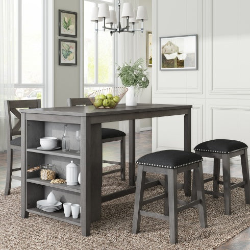 5 Pieces Counter Height Rustic Farmhouse Dining Room Wooden Bar Table Set With 2 Stools And 2 Chairs, Gray Inkedjoy