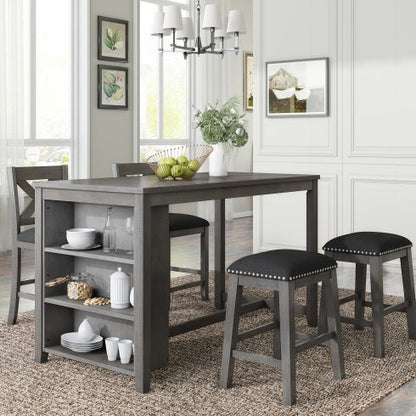 5 Pieces Counter Height Rustic Farmhouse Dining Room Wooden Bar Table Set With 2 Stools And 2 Chairs, Gray Inkedjoy