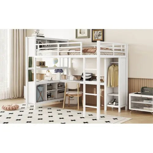 Metal Loft Bed With Wardrobe And L-shaped Desk, Full Size Loft Bed With Storage Cubes And Shelves My Store