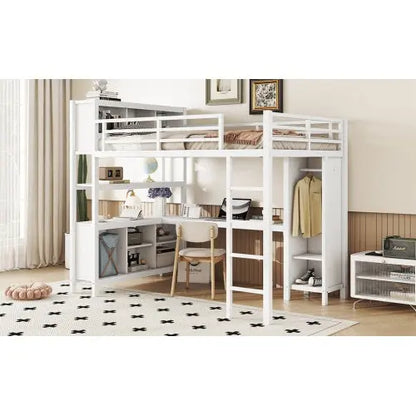 Metal Loft Bed With Wardrobe And L-shaped Desk, Full Size Loft Bed With Storage Cubes And Shelves My Store