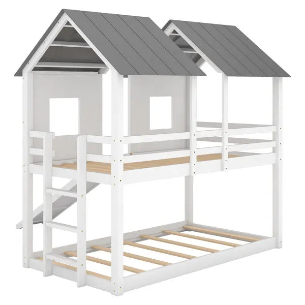 Double Decker Bunk Bed With Slide And Window, White My Store