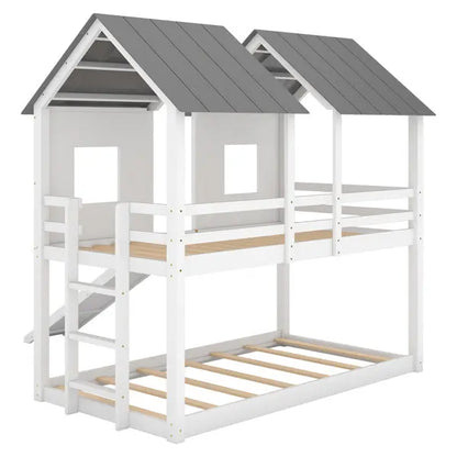 Double Decker Bunk Bed With Slide And Window, White My Store
