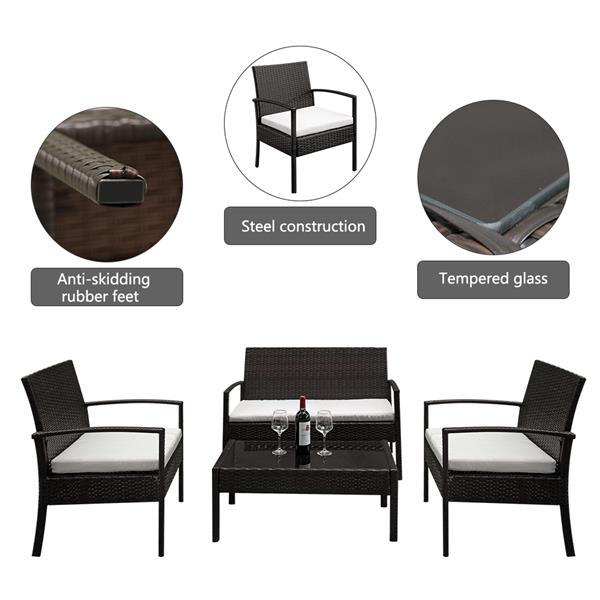 4pcs Armrests Fully Woven Brown Embossed 1 Double Seat 2 Single Seat 1 Tea Table Woven Rattan Sofa Inkedjoy