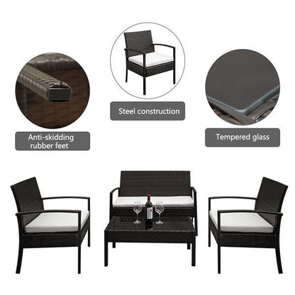 4pcs Armrests Fully Woven Brown Embossed 1 Double Seat 2 Single Seat 1 Tea Table Woven Rattan Sofa Inkedjoy