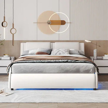 Queen Size Upholstered Faux Leather Platform Bed With LED Light Bed Frame With Slatted - White My Store