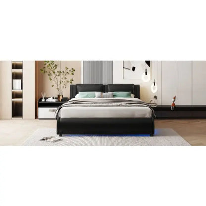 Full Size Upholstered Faux Leather Platform Bed With LED Light Bed Frame With Slatted - Black My Store