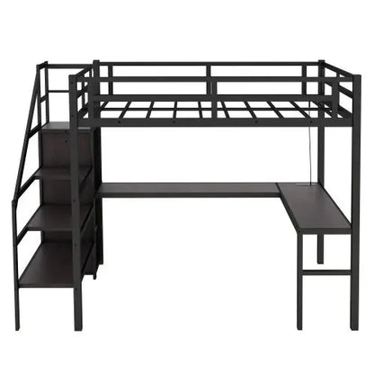 Twin XL Size Loft Bed With L-shaped Desk And USB, Metal -Black My Store