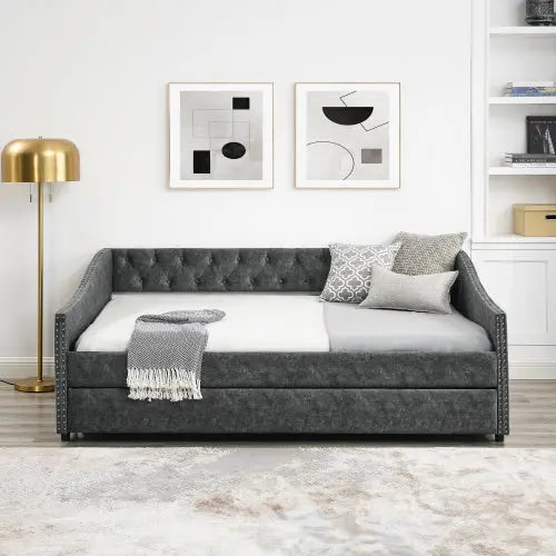 The Full-size Sofa Bed Features A Double-sized Upholstered Tufted Sofa Bed On Wheels My Store