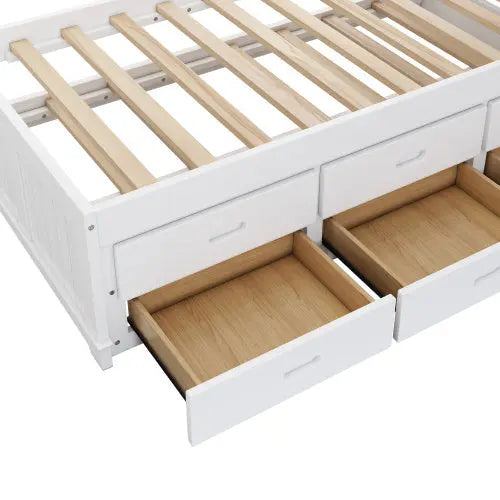 Solid Pine Captain Bookcase Bed With Trundle Bed And 3 Spacious Under Bed Drawers In Casual,Full, White Walnut My Store