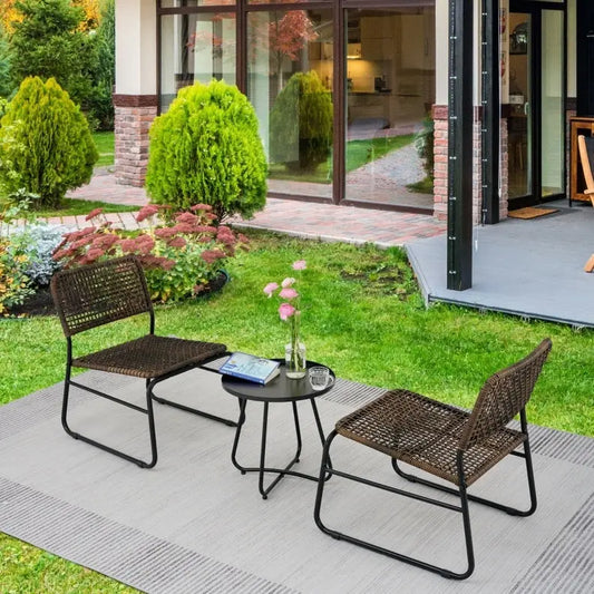 Patio Furniture Set 3 Piece Rattan Steel Frame And Modern Round Table- Brown My Store