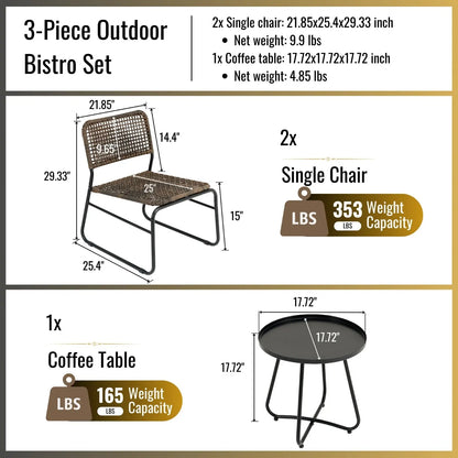 Patio Furniture Set 3 Piece Rattan Steel Frame And Modern Round Table- Brown My Store
