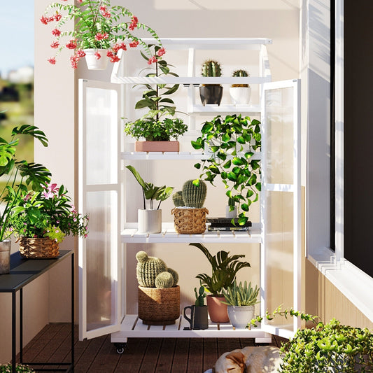 62in Wood Large Greenhouse With Wheels And Adjustable Shelf Inkedjoy