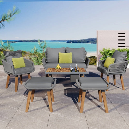 6-Piece Rope Patio Furniture Set, Outdoor Furniture With Acacia Wood Cool Bar Table Inkedjoy