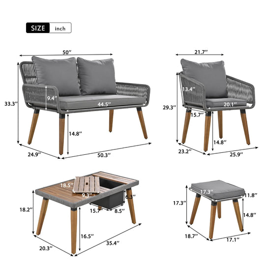6-Piece Rope Patio Furniture Set, Outdoor Furniture With Acacia Wood Cool Bar Table Inkedjoy