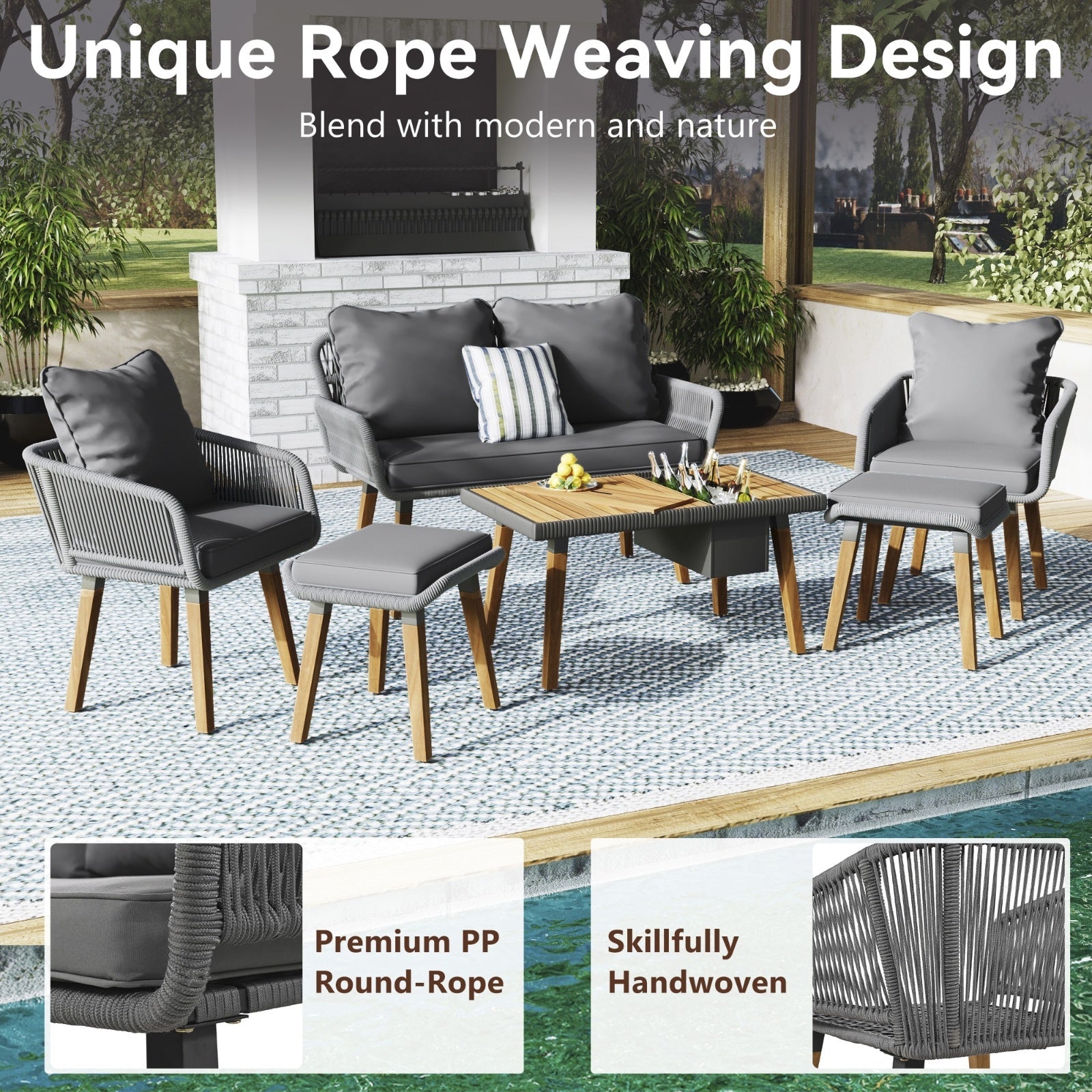 6-Piece Rope Patio Furniture Set, Outdoor Furniture With Acacia Wood Cool Bar Table Inkedjoy