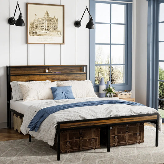 Queen Size Bed Frame, Storage Headboard With LED Light, Charging Station, Solid And Stable, Noise Fr My Store