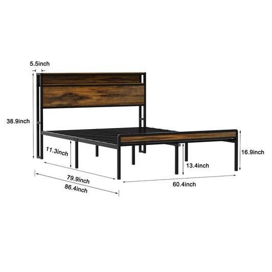 Queen Size Bed Frame, Storage Headboard With LED Light, Charging Station, Solid And Stable, Noise Fr My Store