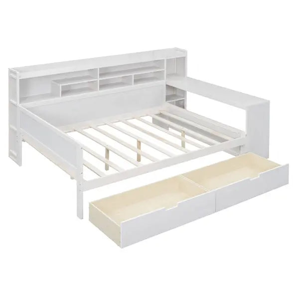 Wooden Full-size Sofa Bed With Storage Rack, Multifunctional Bed With Two Storage Drawers And Desk, Antique White My Store