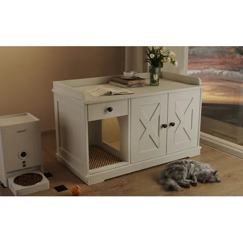 Farmhouse Style Cat Box Cabinet For Living Room, White My Store