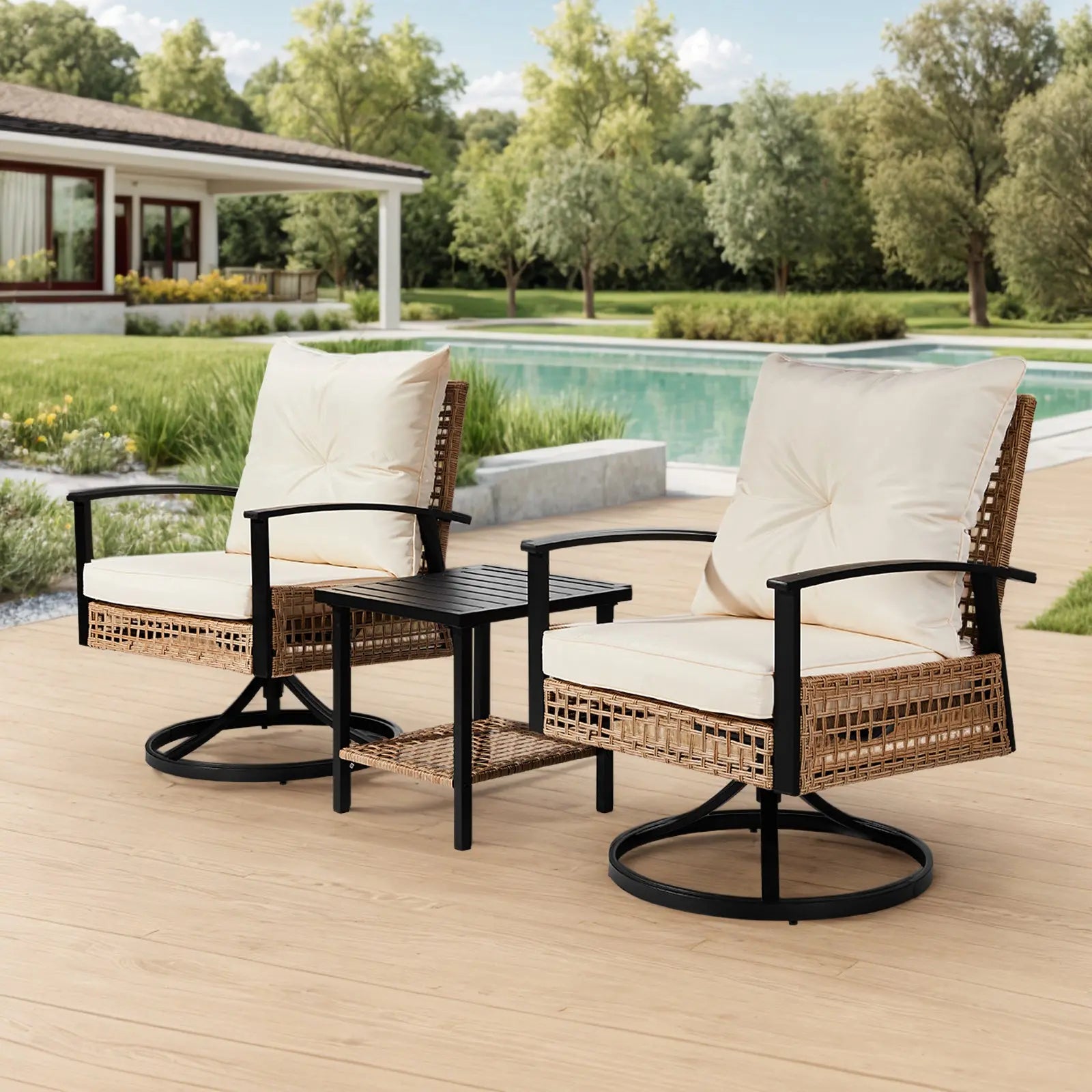 2pcs Swivel Chair And 1pc Side Table, Sparsely Braided Light Yellow Rattan, Off-white Mat, Braided Rattan Three-piece Set My Store
