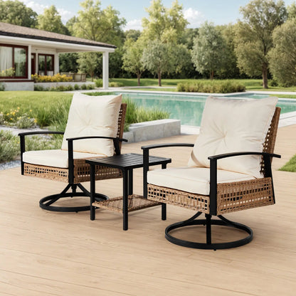 2pcs Swivel Chair And 1pc Side Table, Sparsely Braided Light Yellow Rattan, Off-white Mat, Braided Rattan Three-piece Set My Store