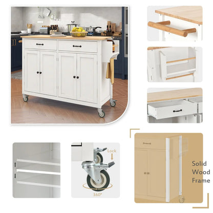 54.3Kitchen Island Cart Solid Wood Top, Locking Wheels, 4-Door Cabinet My Store