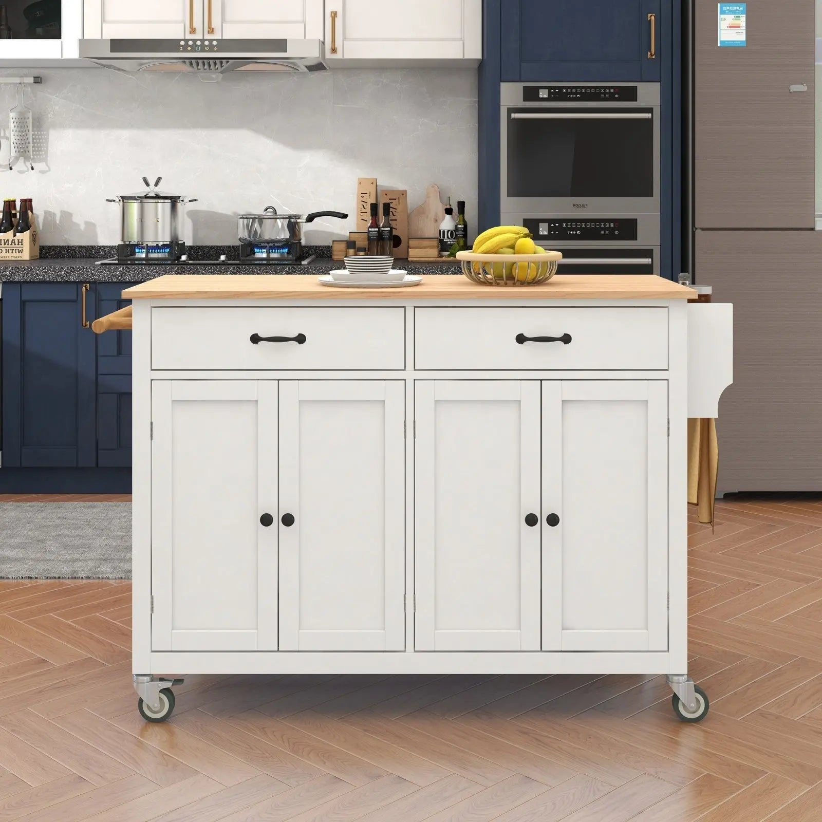 54.3Kitchen Island Cart Solid Wood Top, Locking Wheels, 4-Door Cabinet My Store