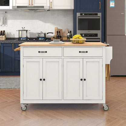 54.3Kitchen Island Cart Solid Wood Top, Locking Wheels, 4-Door Cabinet My Store
