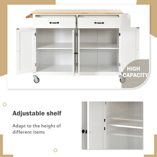 54.3Kitchen Island Cart Solid Wood Top, Locking Wheels, 4-Door Cabinet My Store