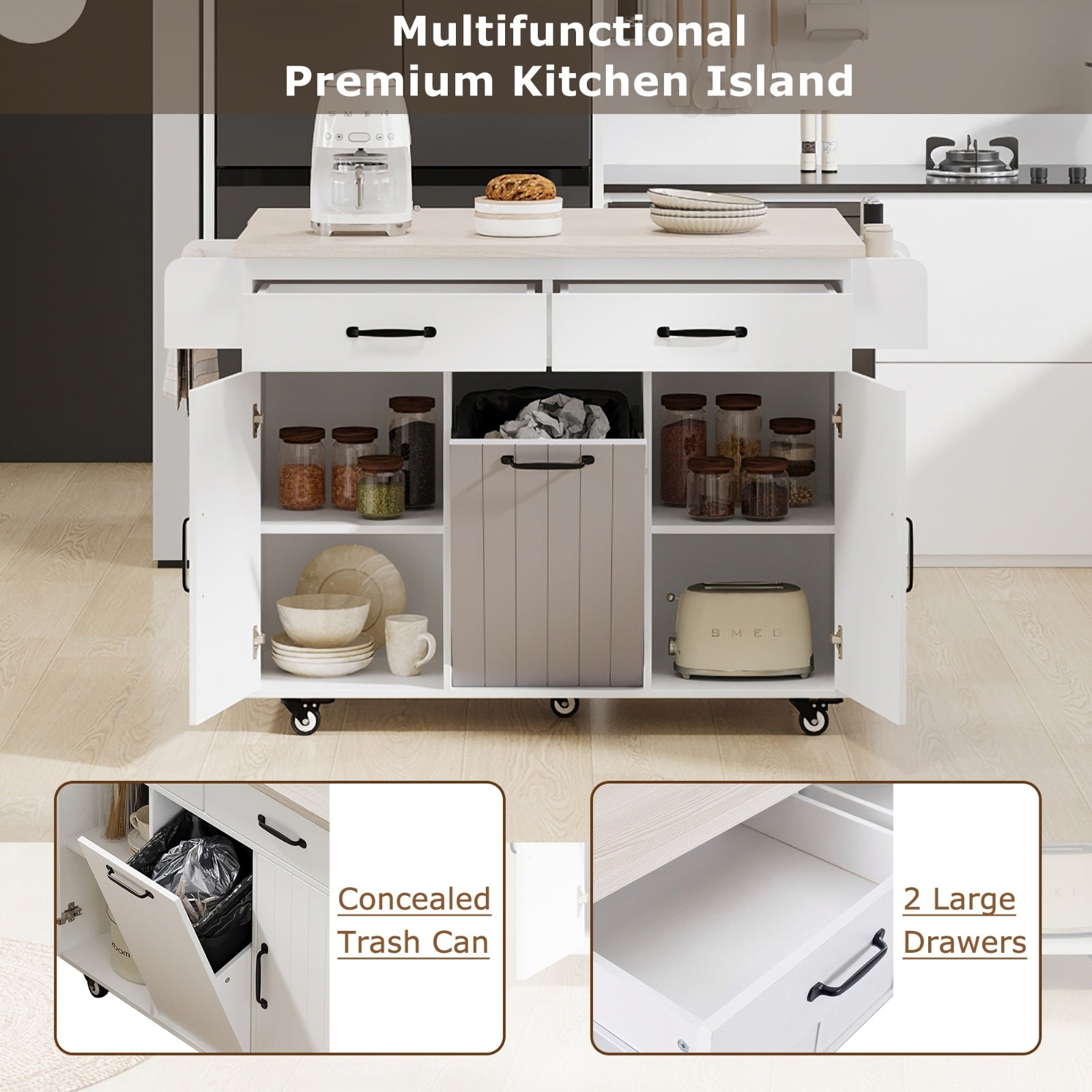 Kitchen Island With Trash Can Storage Cabinet, Kitchen Cart With Drop Leaf, Spice Rack Inkedjoy