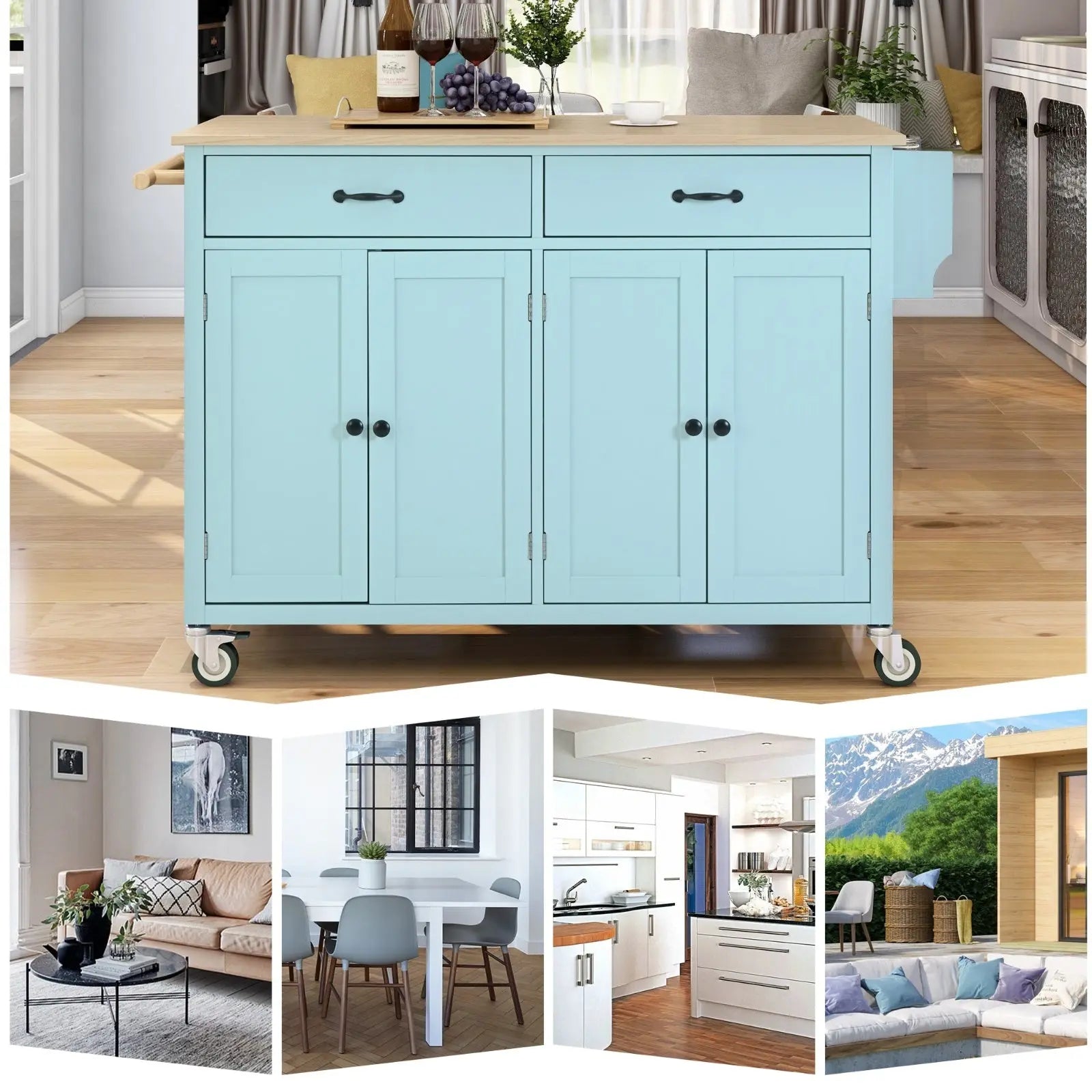 Kitchen Island Cart 4-Door Cabinet, 2 Drawers, 2 Locking Wheels, Solid Wood Top My Store