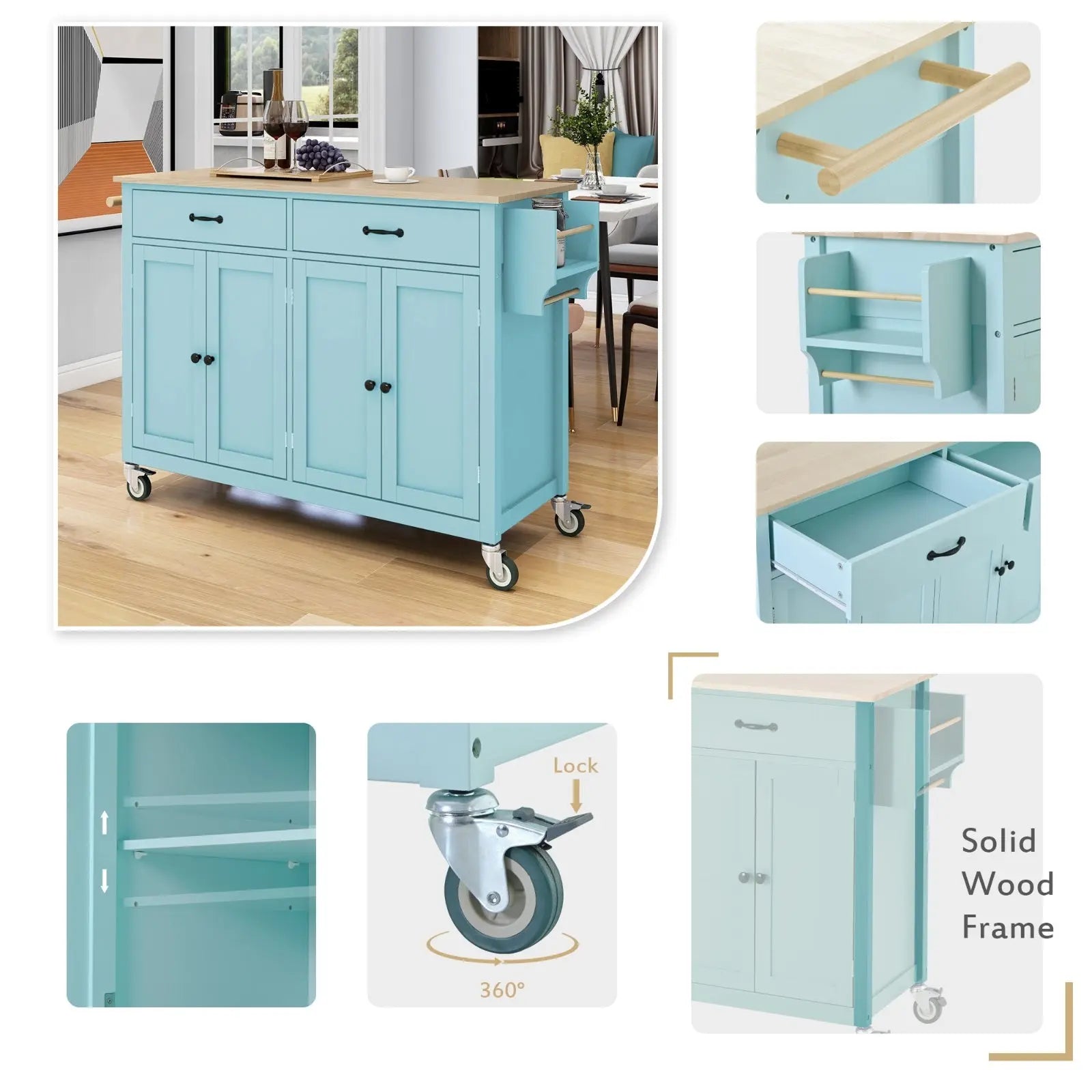 Kitchen Island Cart 4-Door Cabinet, 2 Drawers, 2 Locking Wheels, Solid Wood Top My Store