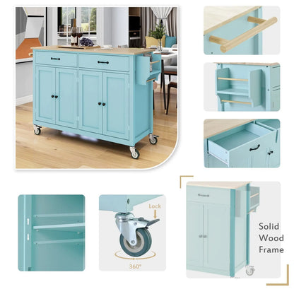 Kitchen Island Cart 4-Door Cabinet, 2 Drawers, 2 Locking Wheels, Solid Wood Top My Store