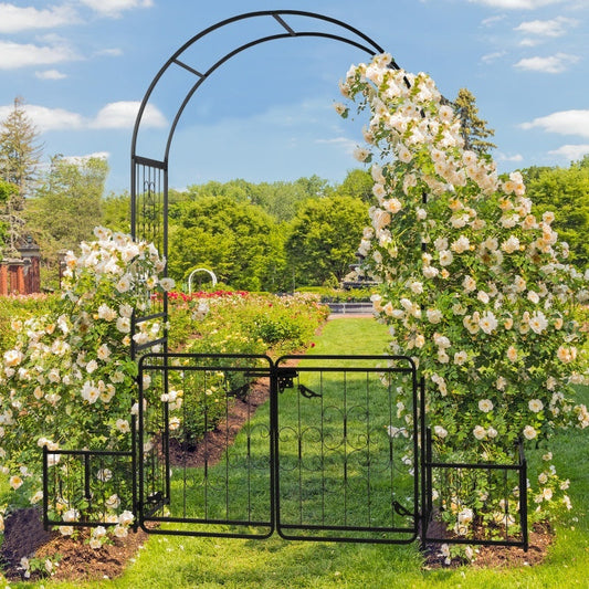 7.2ft Black Curved Roof With Door And Planting Frame, Iron Art 16mm Pipe, Iron Arch, Courtyard Inkedjoy
