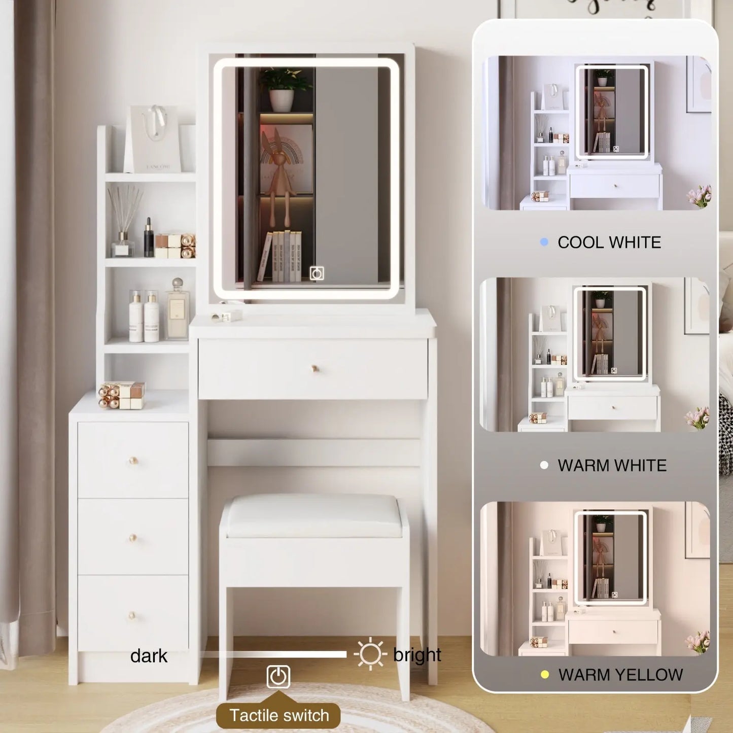 Small Size Left Bedside Cabinet Vanity Table   Cushioned Stool, Extra Large Touch Control Sliding LE My Store