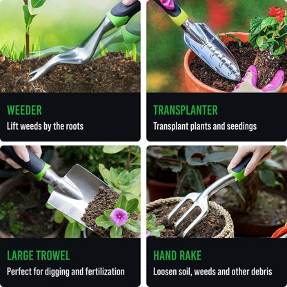 Heavy Duty Garden Tools 9Pieces Set - Rust Proof, Ergonomic Gardening Hand Tools Inkedjoy