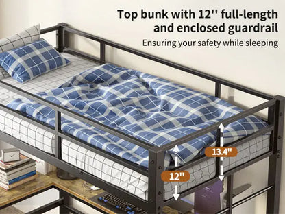 Twin Metal Loft Bed With L-Shaped Desk, Charging Station- Black My Store