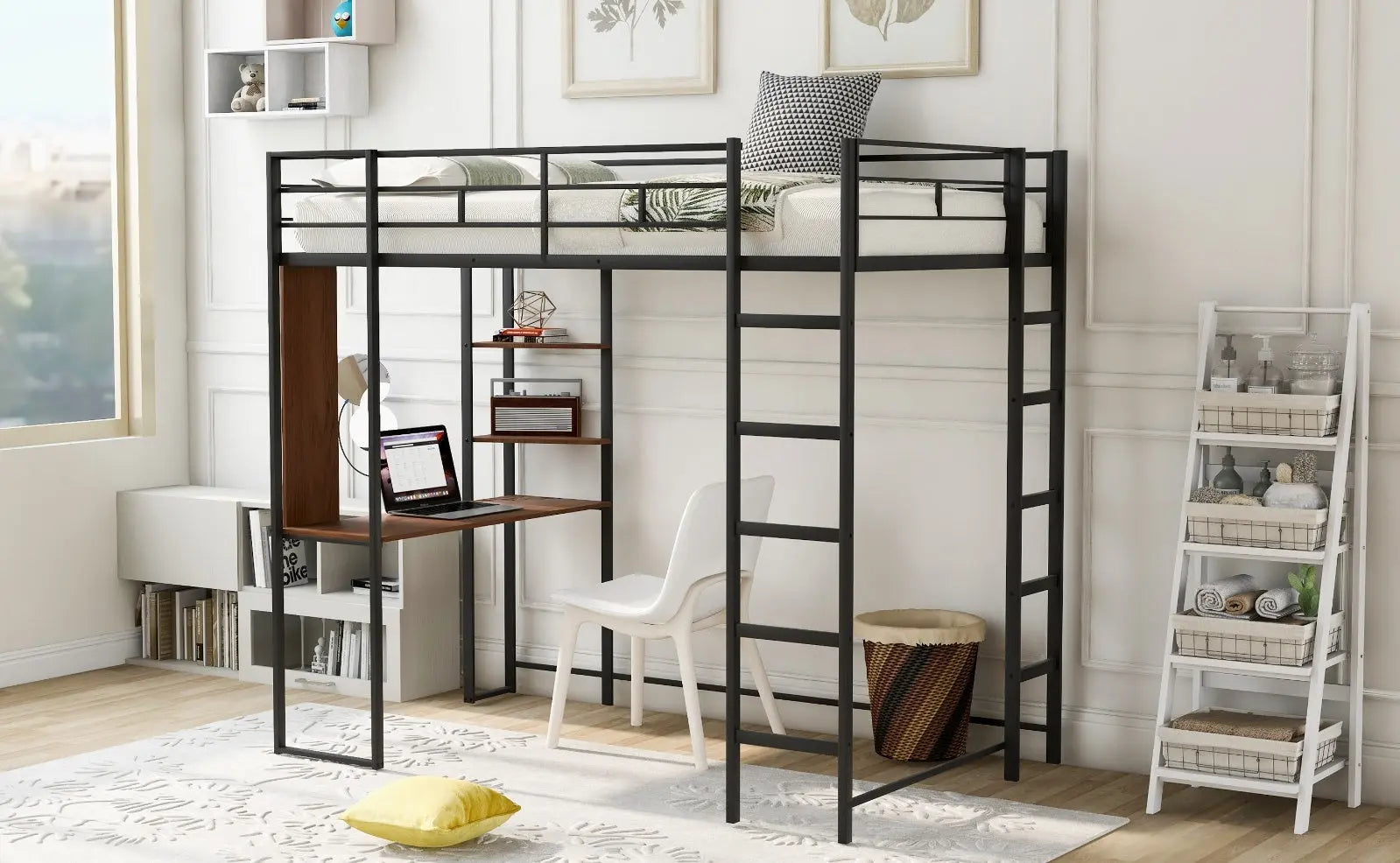 Twin Metal Loft Bed With 2 Shelves And One Desk ,BLACK My Store
