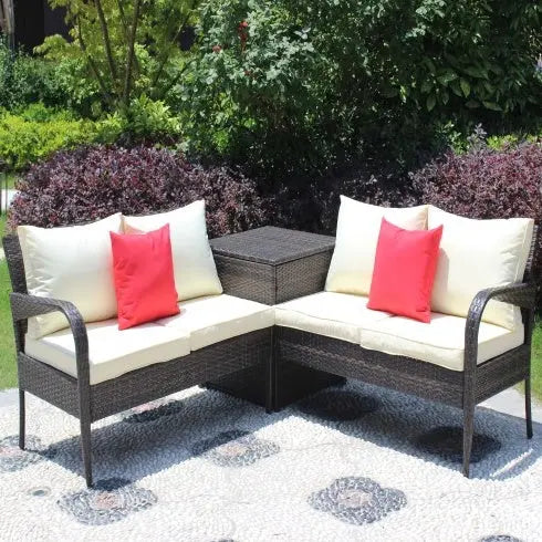 3 Piece Patio Sectional Wicker Rattan Outdoor Furniture Sofa Set With Storage Box Brown My Store