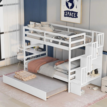 Twin Bunk Beds With Trundle & Stairway Storage In White Siesta
