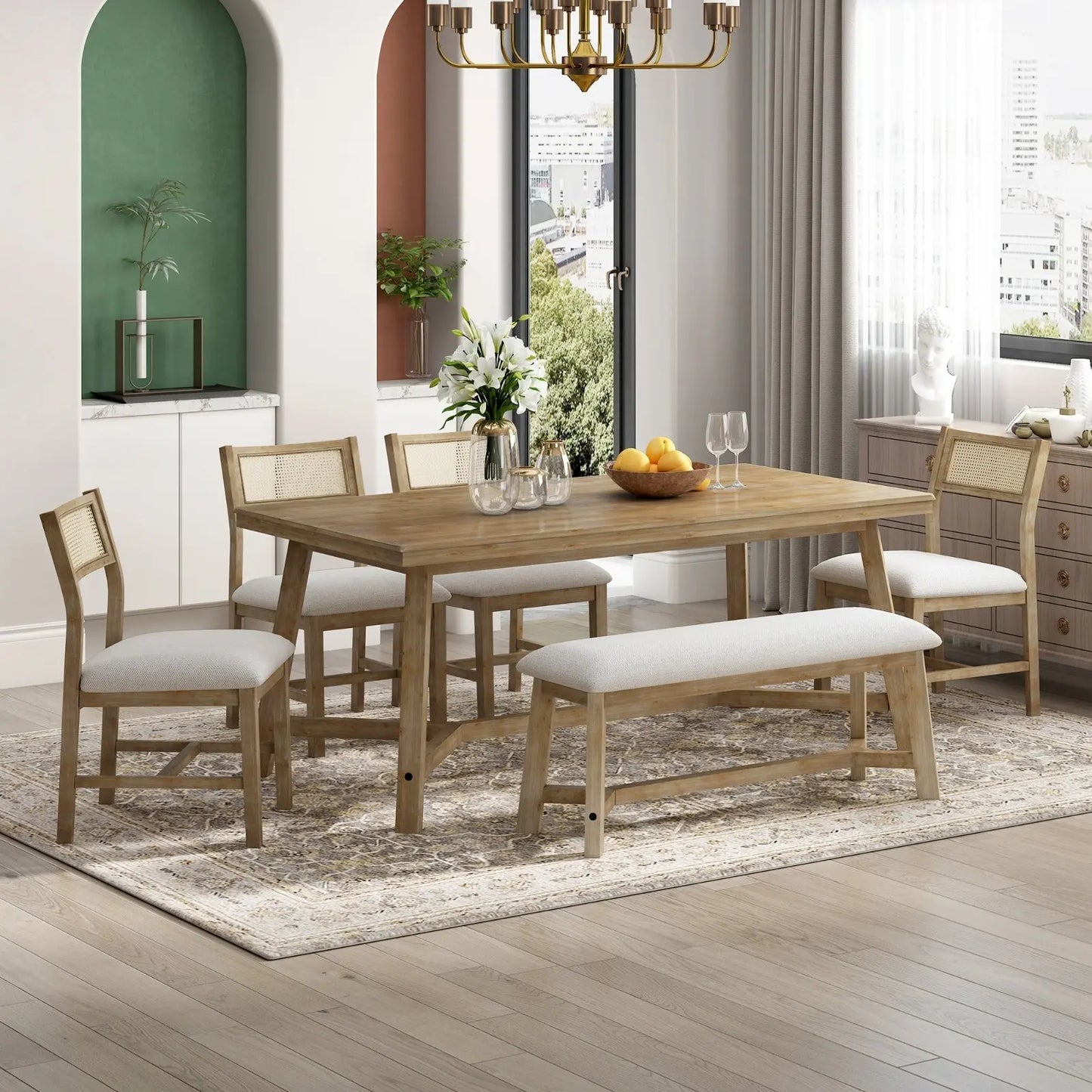 6-piece Retro Farmhouse Style Dining Set, Rectangular Table And 4 Upholstered Chairs My Store