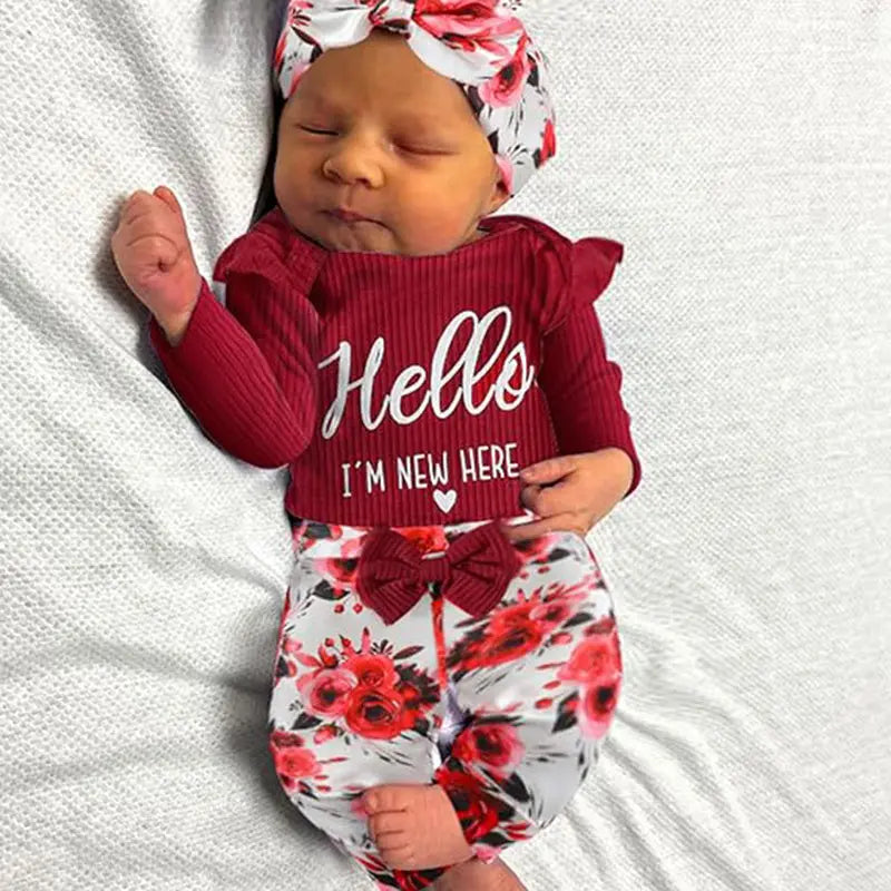 Newborn Baby Girl 'Hello I'm New Here' Romper Set Includes Floral Pants, Hat, Headband, & Coming Home Outfit My Store