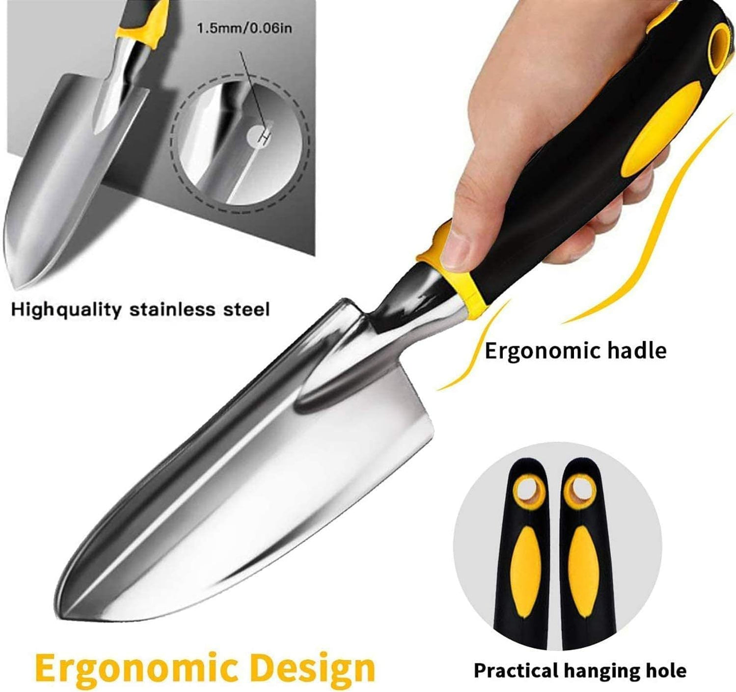 Gardening Hand Tools 3 Piece Set - Heavy Duty Garden Trowel, Trans-planter, Hand Rake - Ergo Grip Handle Inkedjoy